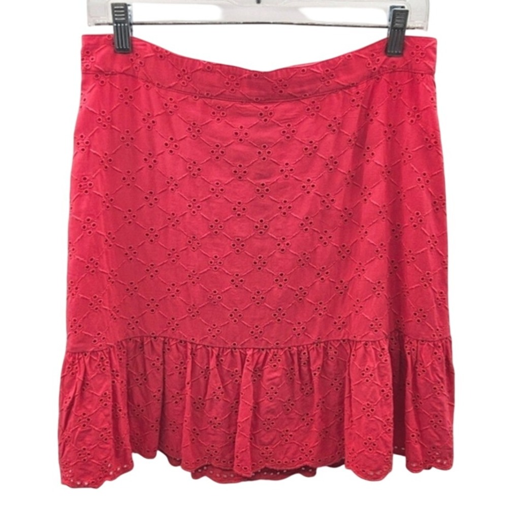 Loft Red Eyelet Skirt‎ Ruffle Hem Knee Length Summer Casual Womens